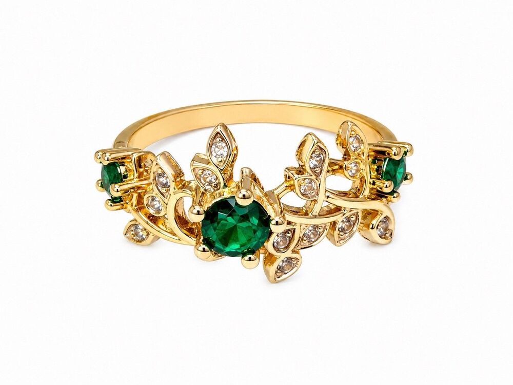 Vintage Gold Tone Floral Vine Ring Green Emerald Color Stones W/ Rhinestones 7.5